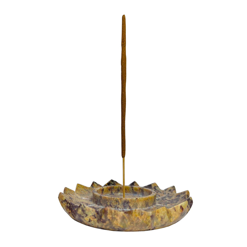 Räucherstäbchen- & Kerzenhalter Lotus aus Speckstein, Braun gesprenkelt (Ø 10cm)