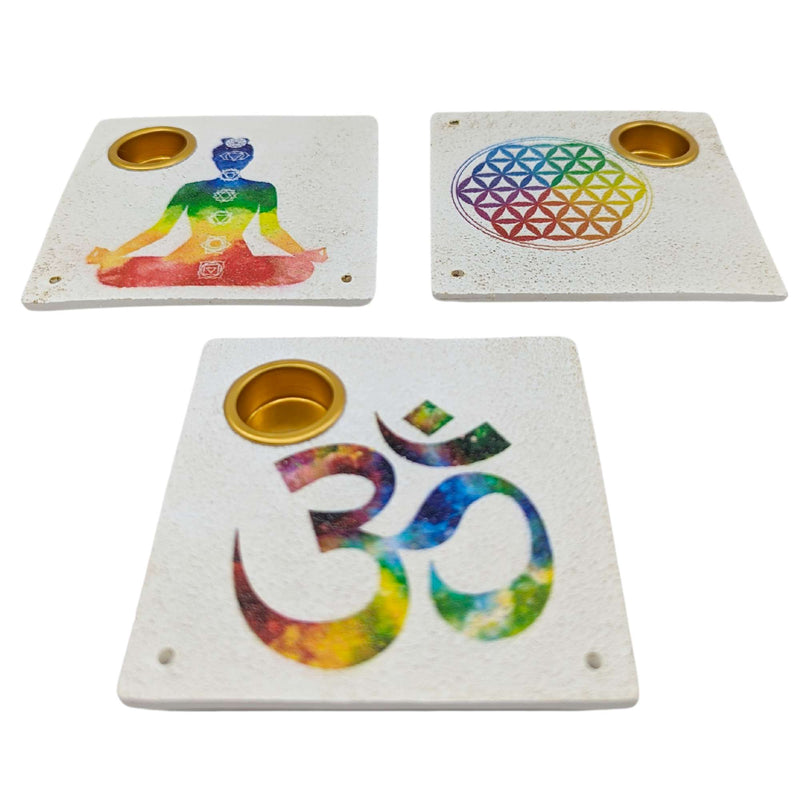 Räucherstäbchenhalter mit drei Motiven in den Chakra-Farben (8x8cm)