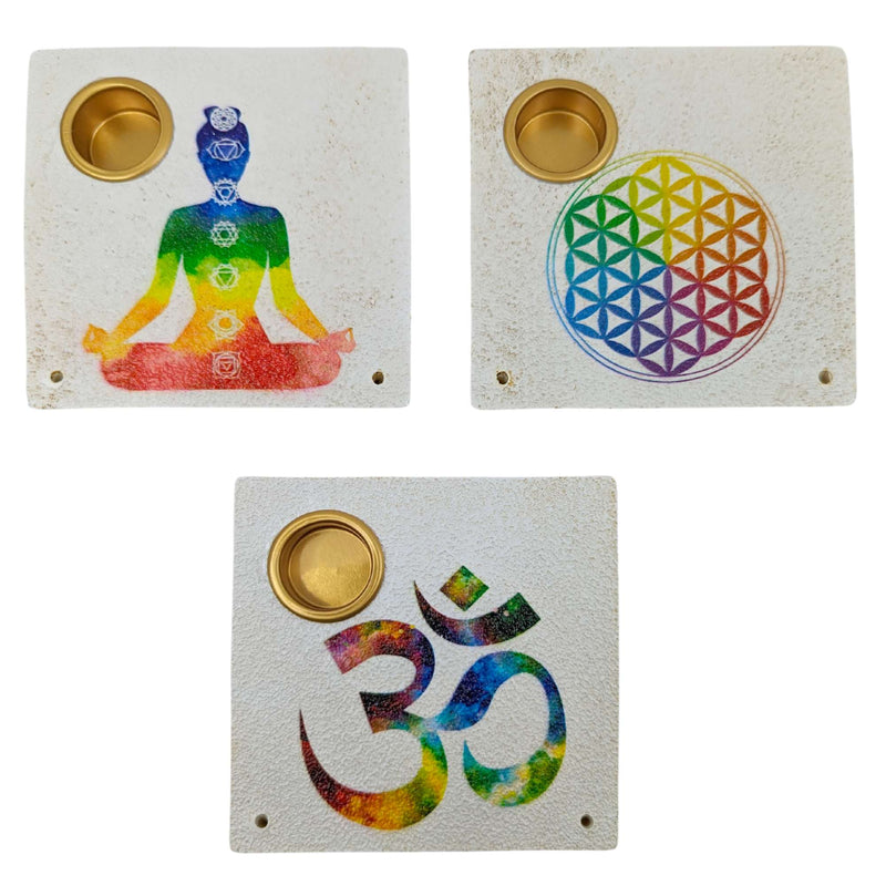 Räucherstäbchenhalter mit drei Motiven in den Chakra-Farben (8x8cm)