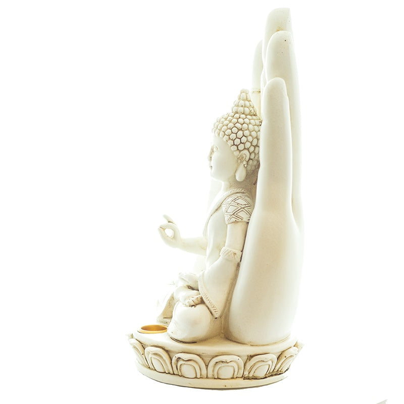 Räucherstäbchen- & Räucherkegelhalter Buddha mit Hand Weiß (24cm)