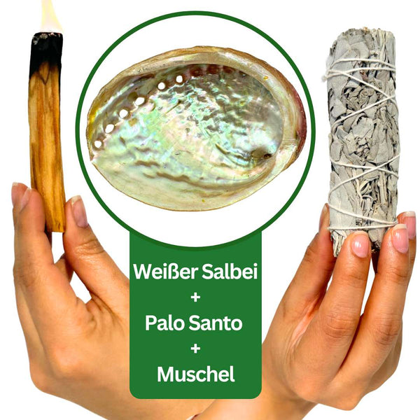 Spirituelles Reinigungsset: Weißer Salbei, Palo Santo & Abalone Räucherschale