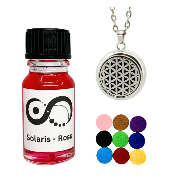 Solaris Chakra Booster Set: Blume des Lebens Amulett, Rosenöl & Aroma Pads