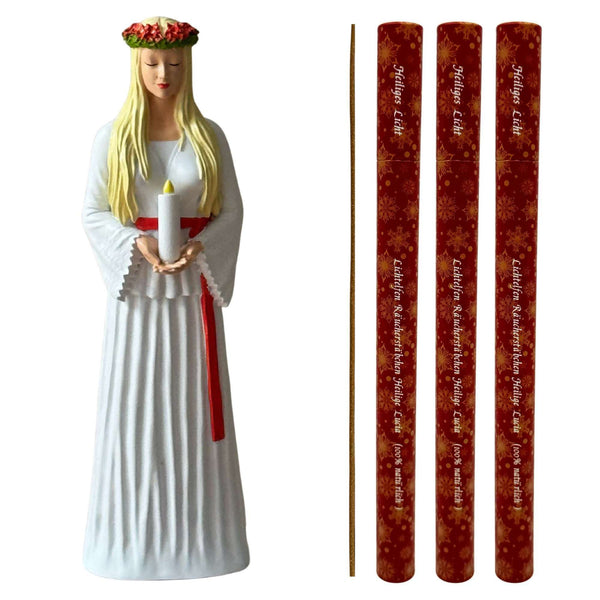 4er SET: Lucia Figur & Räucherstäbchen – Heiliges Licht und himmlische Düfte für Schutz, Reinheit und Hoffnung