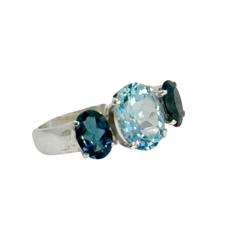 3xBlautopas Ring, facettiert, Sterlingsilber 925, Größe 17mm