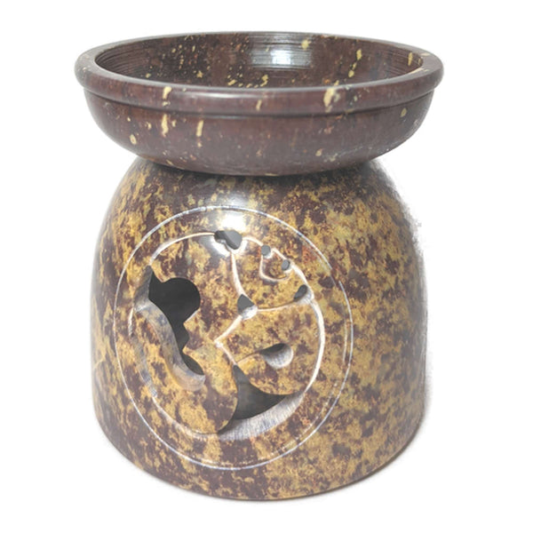 Soapstone Fragrance Lamp with Om Sign, Light Brown (11x10cm)