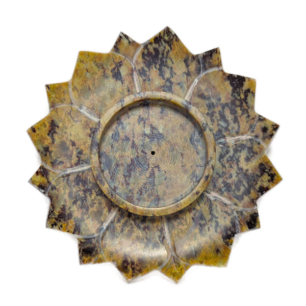 Varilla de incienso y portavelas Lotus de esteatita, marrón jaspeado (Ø 10cm)