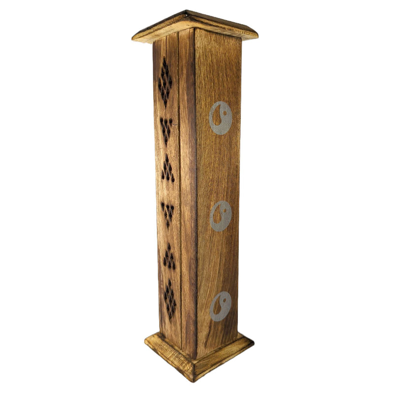 Räucherstäbchen- & Räucherkegelhalter-Turm aus Holz - Yin & Yang, 31cm
