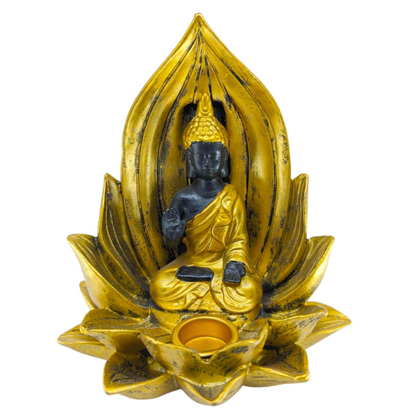 Räucherkegel- & Räucherstäbchenhalter Lotusblume mit Buddha golden