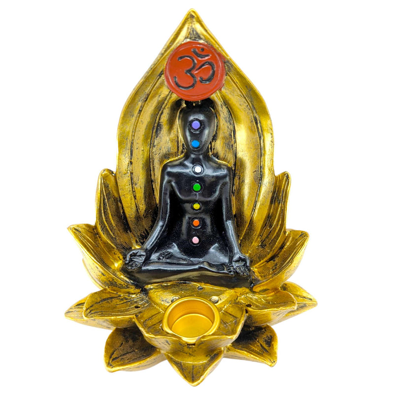 Räucherkegel- & Räucherstäbchenhalter Om Buddha Chakren golden