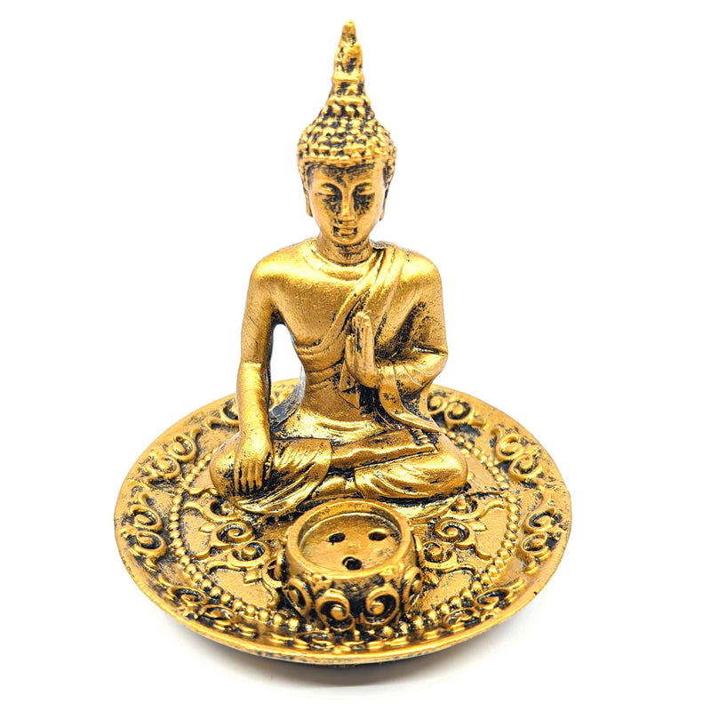 Räucherstäbchenhalter Goldener Buddha im Lotussitz, 3 Mudras (8x9cm)