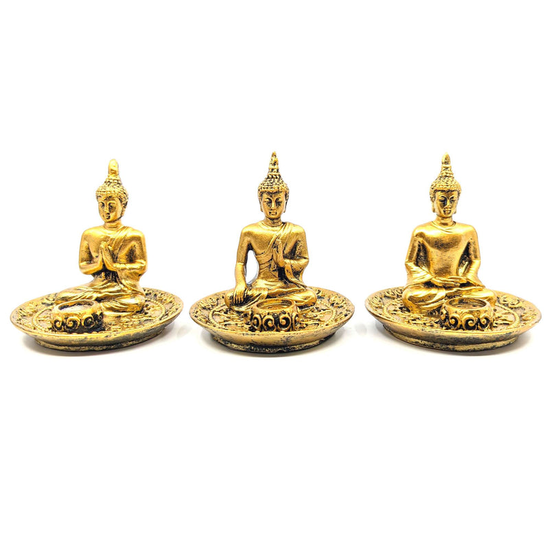 Räucherstäbchenhalter Goldener Buddha im Lotussitz, 3 Mudras (8x9cm)