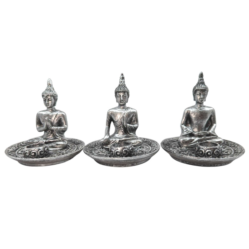 Räucherstäbchenhalter Silberner Buddha im Lotussitz, 3 Mudras (8x9cm)