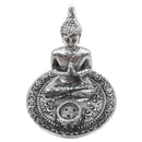 Räucherstäbchenhalter Silberner Buddha im Lotussitz, 3 Mudras (8x9cm)