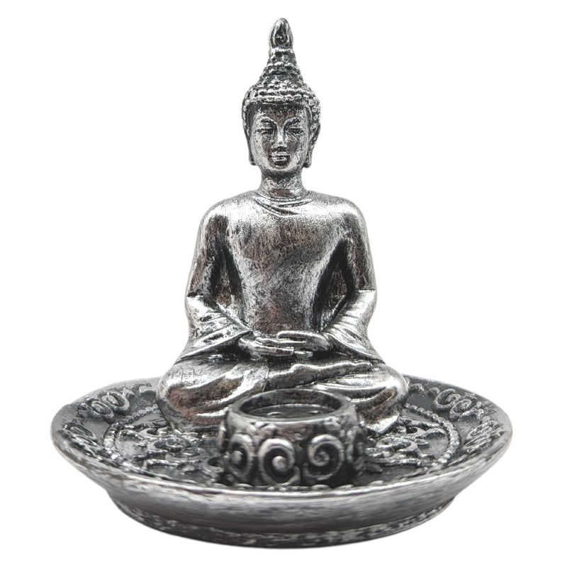 Räucherstäbchenhalter Silberner Buddha im Lotussitz, 3 Mudras (8x9cm)