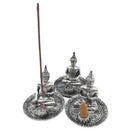 Räucherstäbchenhalter Silberner Buddha im Lotussitz, 3 Mudras (8x9cm)