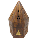 Sechseckiger Räucherkegelhalter aus Holz mit Buddha Motiv (Ø 8cm)