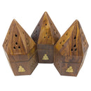 Sechseckiger Räucherkegelhalter aus Holz mit Buddha Motiv (Ø 8cm)