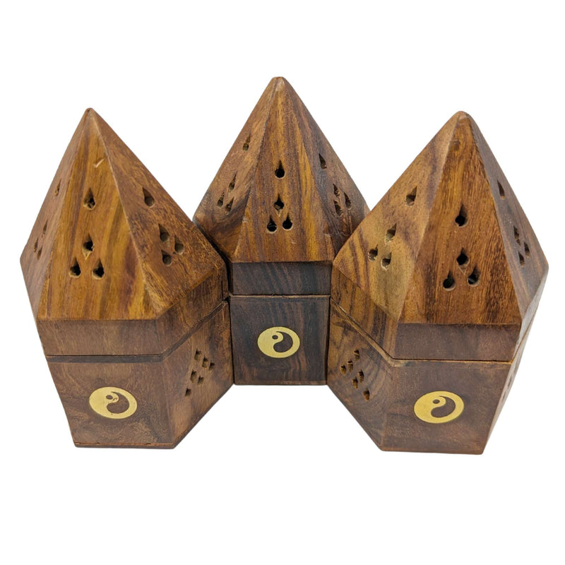 Sechseckiger Räucherkegelhalter aus Holz mit Yin & Yang Motiv (Ø 8cm)