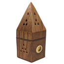 Sechseckiger Räucherkegelhalter aus Holz mit Yin & Yang Motiv (Ø 8cm)