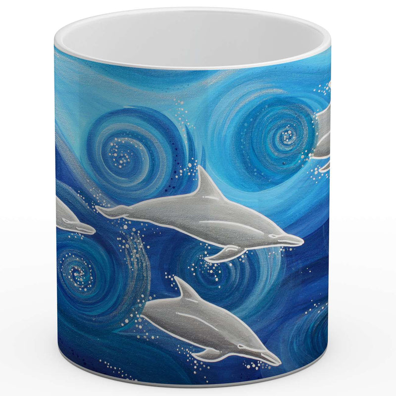 Sonja Ariel von Staden Kunstdruck Tasse / 325 ml Delfinbild: Delfin-Familie im Wellentanz - Kunstdruck