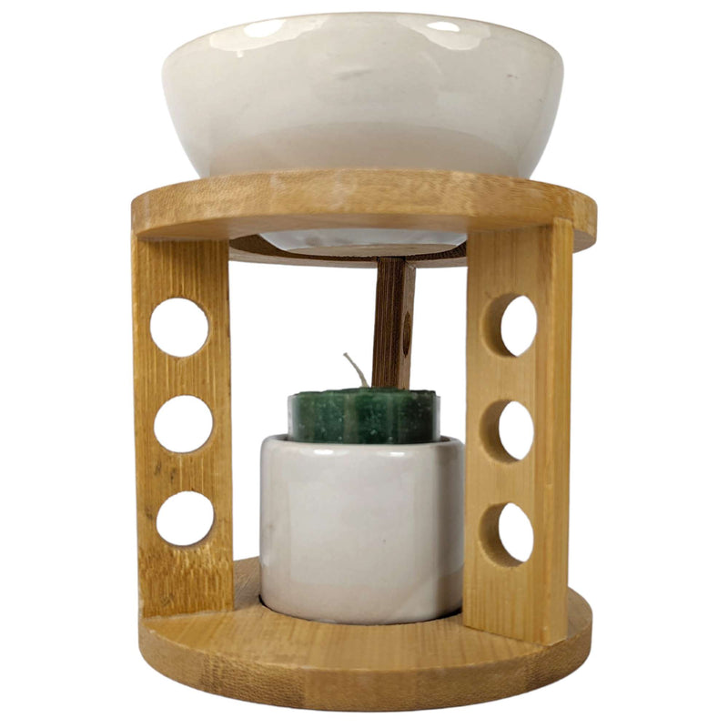 Duftlampe dreiteilig, Holzgestell mit Porzellanschale & Kerzenhalter