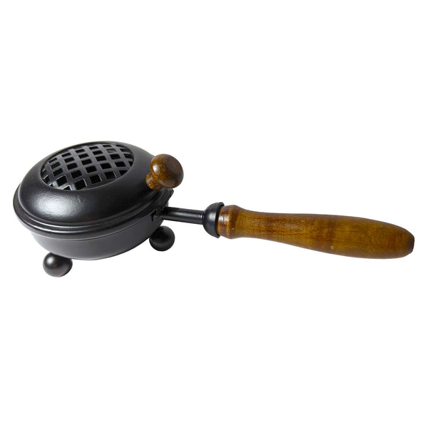 Incense pan for incense resin made of metal, black with wooden handle (Ø 9cm)