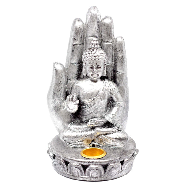 aqasha® Räucherzubehör Räucherstäbchenhalter Buddha mit Hand silber