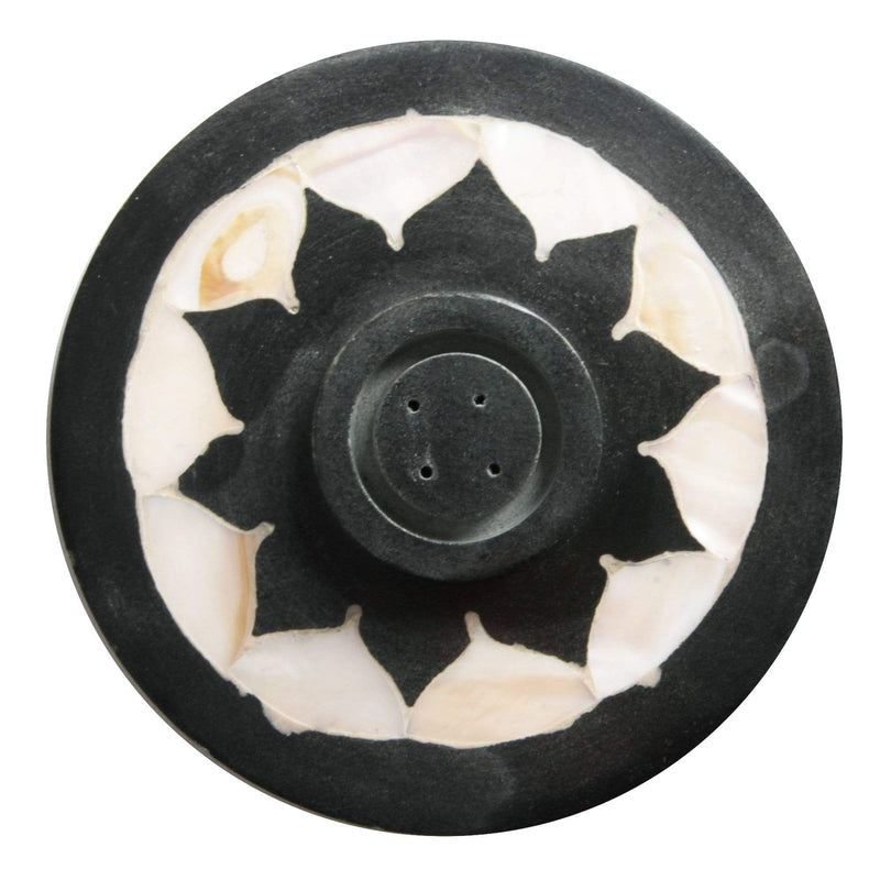 aqasha® Räucherstäbchenhalter - Perlmutt, Speckstein - Lotus - schwarz, weiß (Ø = 10cm)