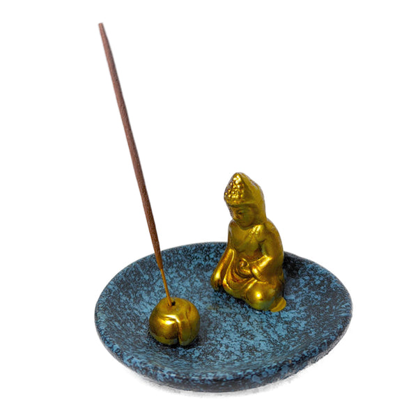 Räucherstäbchenhalter, Blaue Schale mit Gold Buddha (11,5cm)