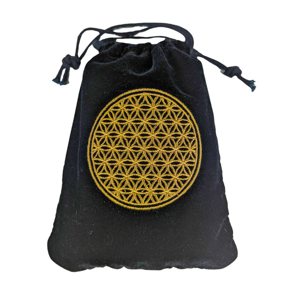 Velvet pouch with ribbon, spiritual symbolism: flower of life