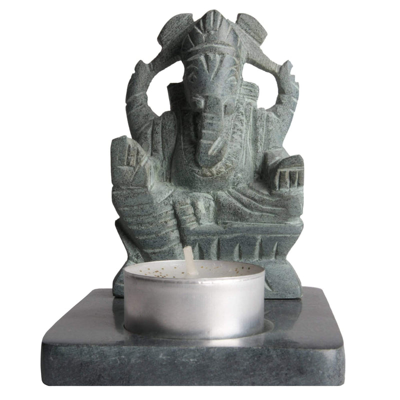 aqasha® Teelichthalter - Speckstein - Ganesha - graun/schwarz (14x10 cm)